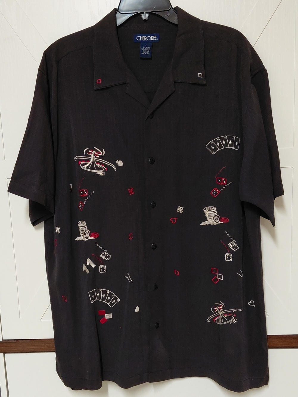 Cherokee *VTG Mens Black Casino Motif Embroidered Gambling Theme Shirt Size (L)